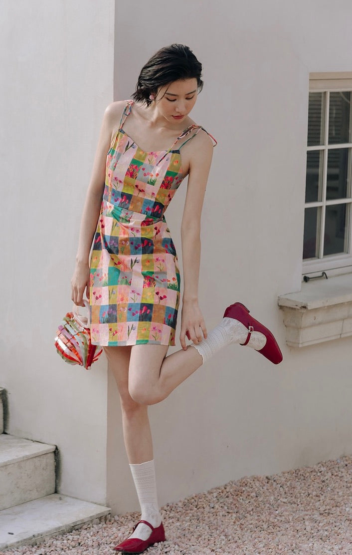 Floral Patchwork Tie Mini Dress in Multi