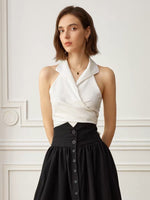 Load image into Gallery viewer, Satin Collared Wrap Tie Top in White
