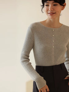 Ribbed Button Knitted Top in Grey