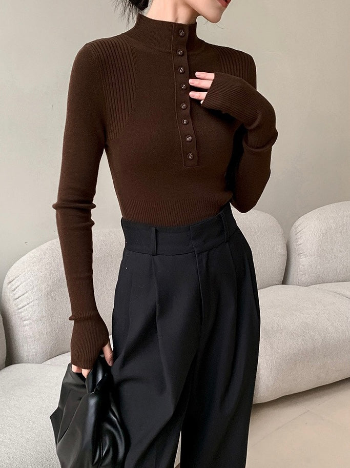 2-Way Button Knit Top in Brown