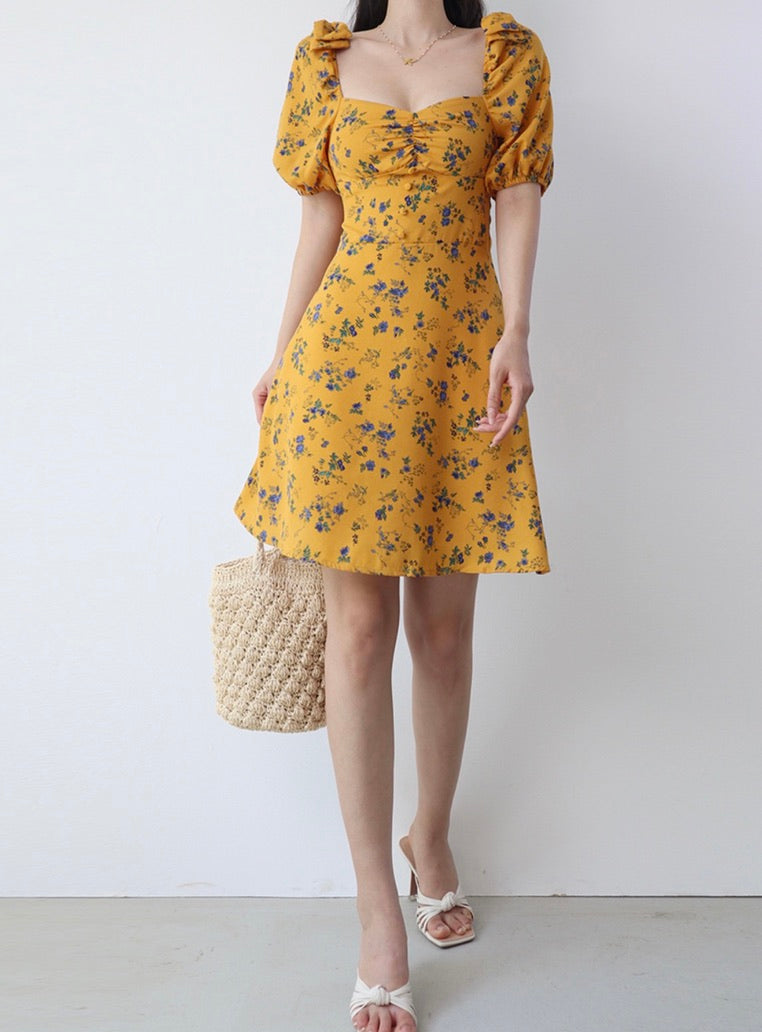 Elba Floral Blouson Mini Dress in Yellow