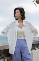 Load image into Gallery viewer, Lace Trim Oversized Shirt in White
