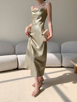 Load image into Gallery viewer, Textured Satin Slip Dress in Green
