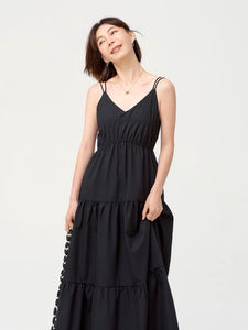 Double Cami Tiered Tie Back Dress in Black