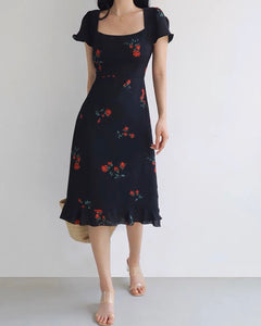 Burano Floral Blouson Midi Dress in Black