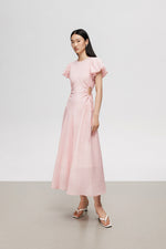 Load image into Gallery viewer, Tencel Puff Sleeve Cutout Dress in Pink
