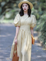 Load image into Gallery viewer, Checked Puff Sleeve Midi Dress in Yellow
