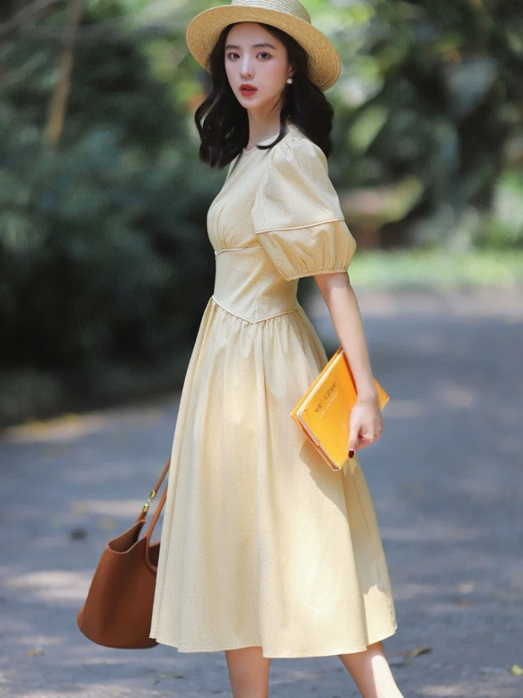 Checked Puff Sleeve Midi Dress in Yellow