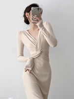 Load image into Gallery viewer, Long Sleeve Mid Twist Midi Dress in Beige
