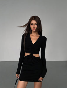 Cutout Long Sleeve Bodycon Mini Dress in Black