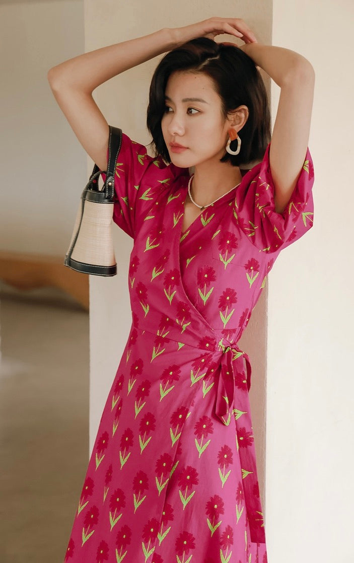 Tulip Puff Sleeve Wrap Dress in Pink