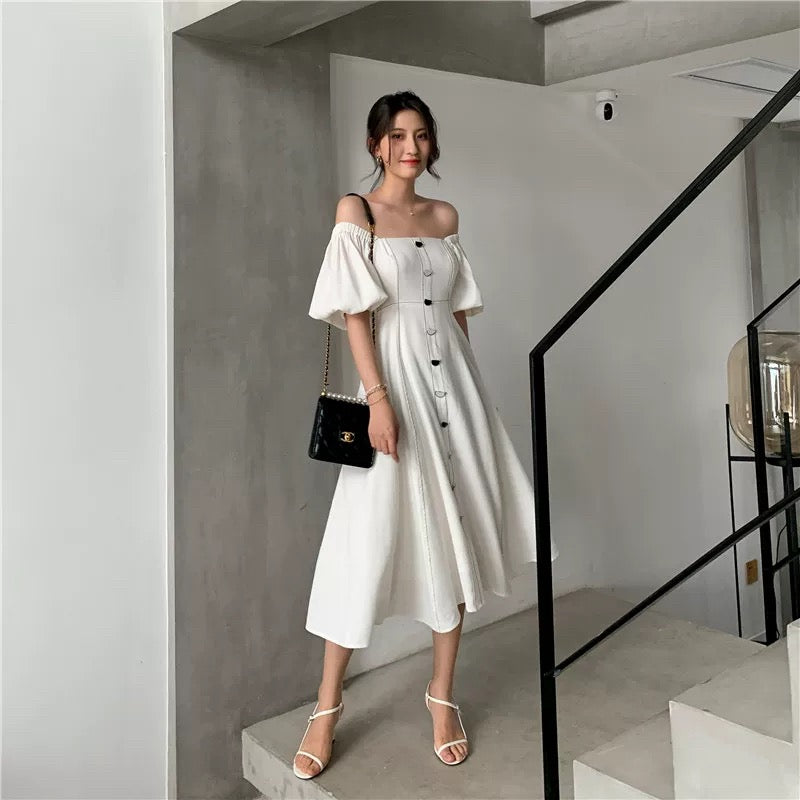 2-Way Blouson Flare Dress in White