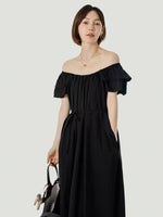 Load image into Gallery viewer, 2-Way Flutter Sleeve Midi Pocket Dress in Black
