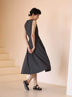 Load image into Gallery viewer, Tailored Gathered A-Line Midi Dress in Grey
