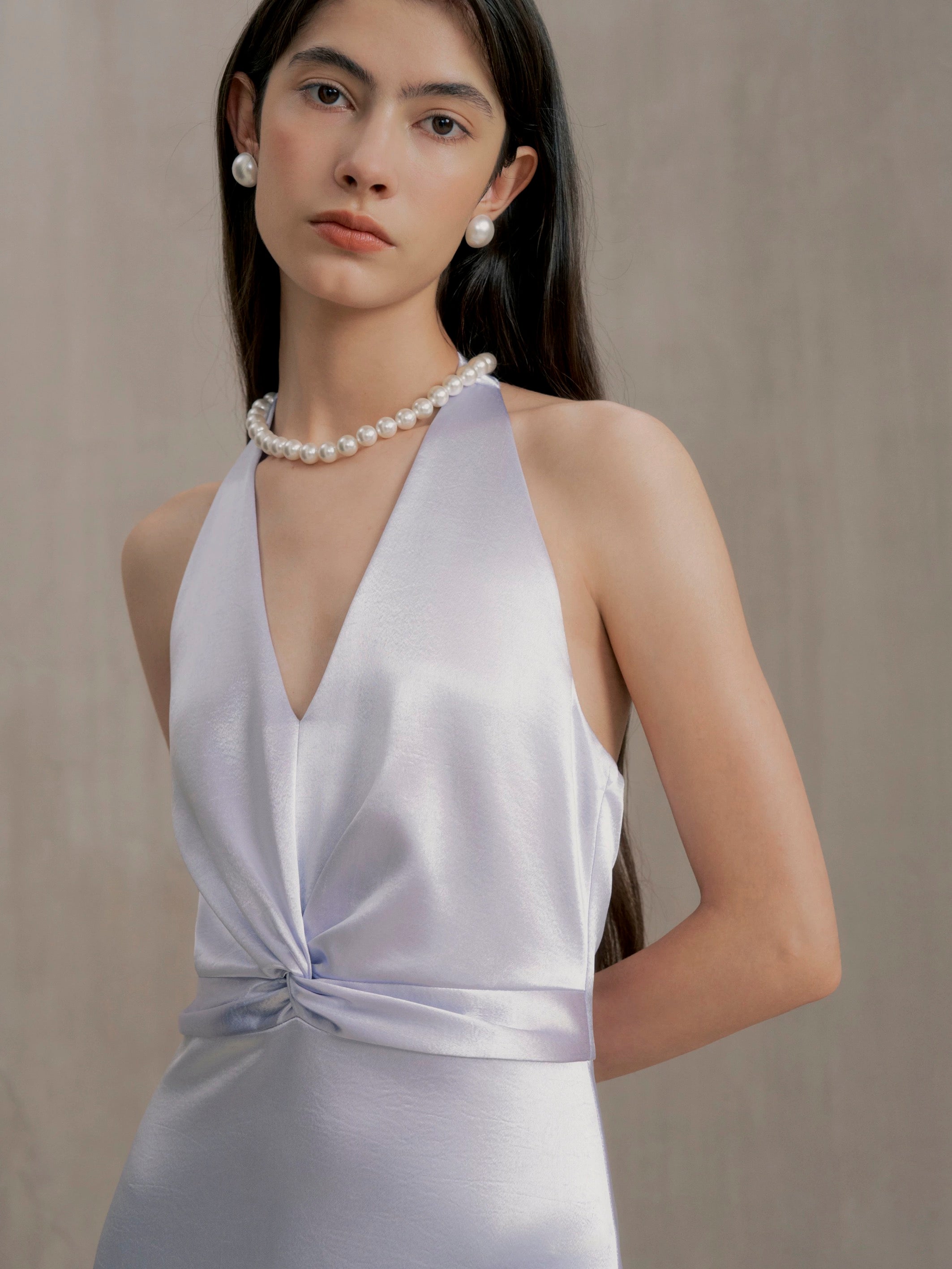 [Customizable] Satin Twist Halter Gown