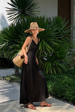 Load image into Gallery viewer, Satin Lace Empire Maxi Dress in Black
