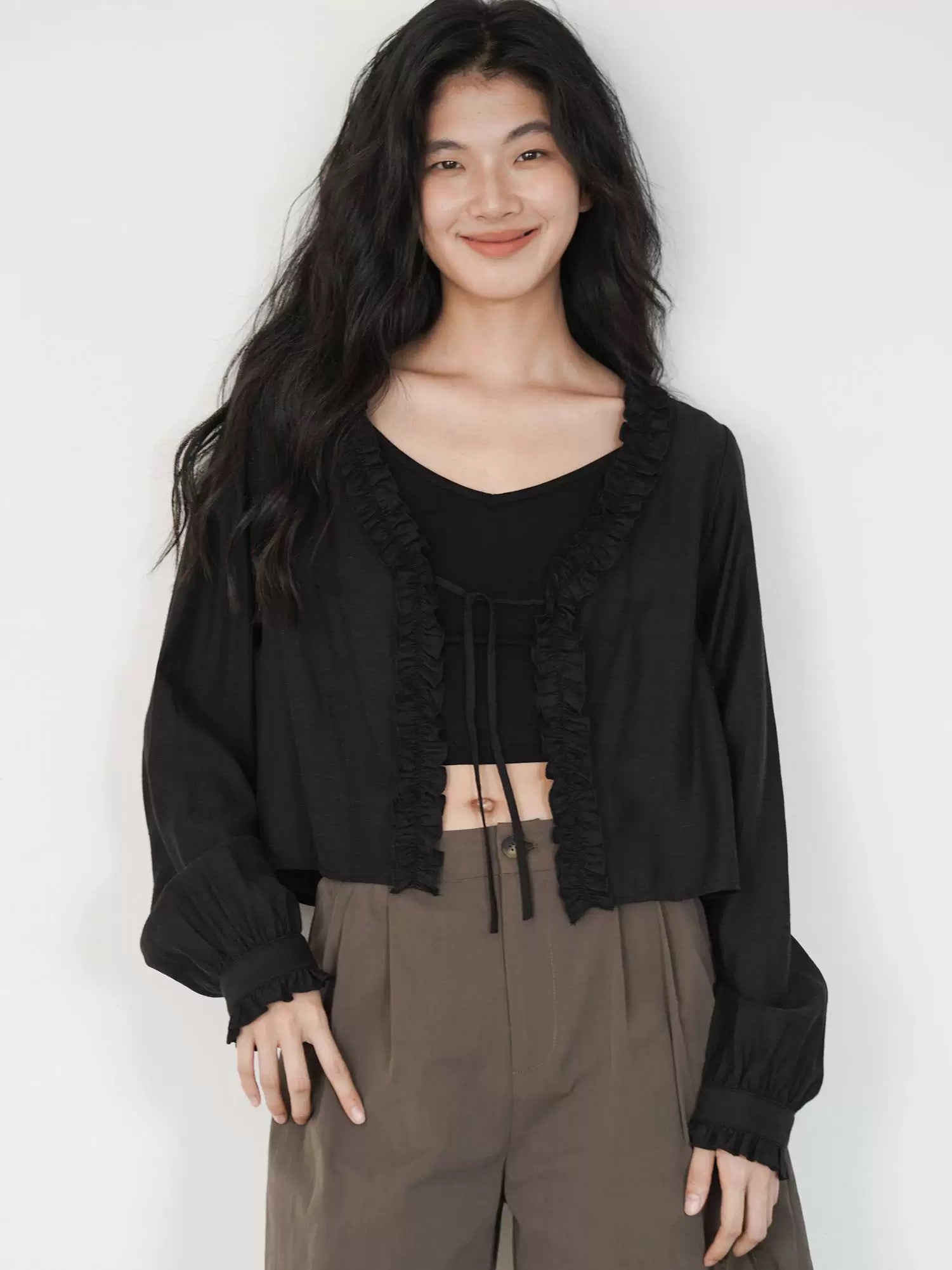 Cropped Cami + Tie Cardigan Set in Black