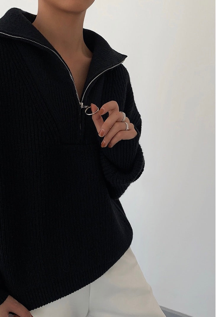 Oversized Knitted Half Ring Zip Sweater in Black
