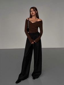 Relaxed Side Buckle Wide Leg Trousers in Black
