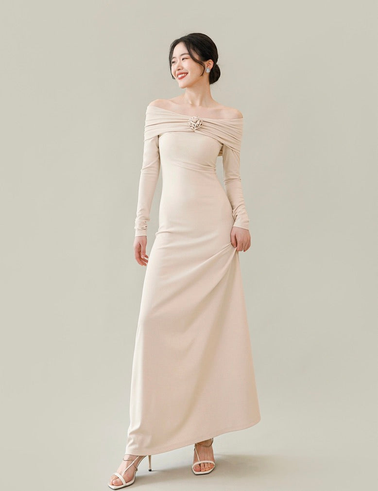 Off Shoulder Rose Flare Maxi Dress [2 Colours]