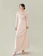 Load image into Gallery viewer, Off Shoulder Rose Flare Maxi Dress in Beige
