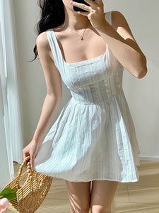 Cotton Textured A-line Mini Dress in White