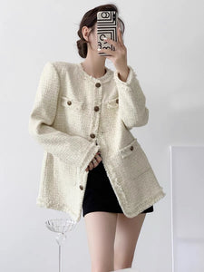 Long Tweed Fray Button Jacket in Cream