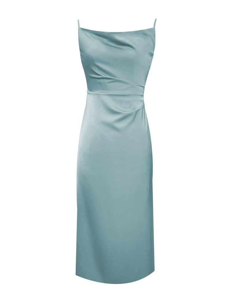 Drape Gathered Slit Dress in Green