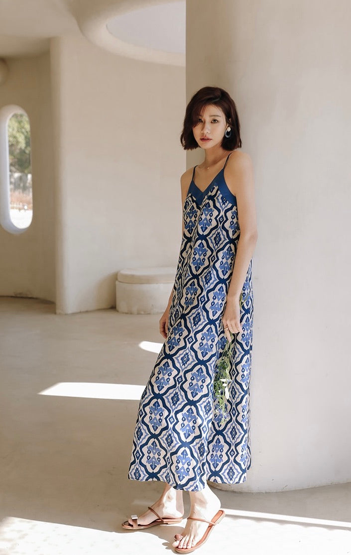 Satin Printed Cami Maxi Dress in Blue