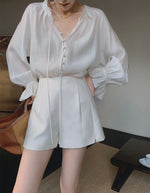 Load image into Gallery viewer, Sheer Flute Sleeve Button Blouse in White
