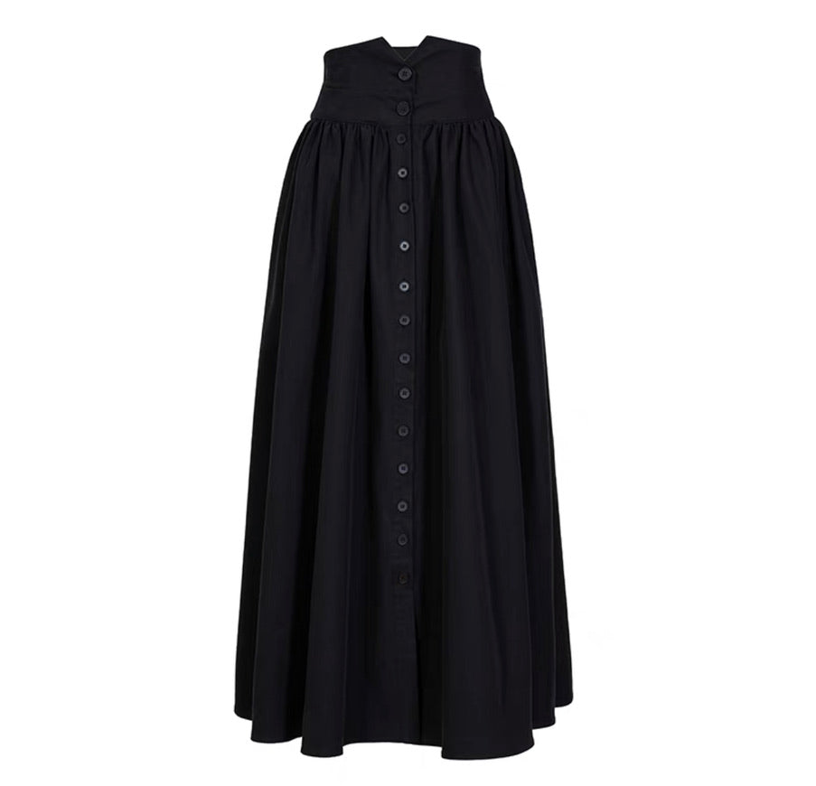 High Waist Button Pocket Maxi Skirt in Black