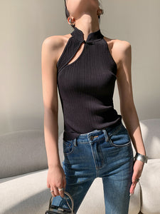 Mandarin Collar Cutout Top in Black