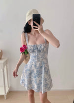 Load image into Gallery viewer, Toile Floral Bustier Mini Dress in Blue/White
