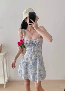 Toile Floral Bustier Mini Dress in Blue/White