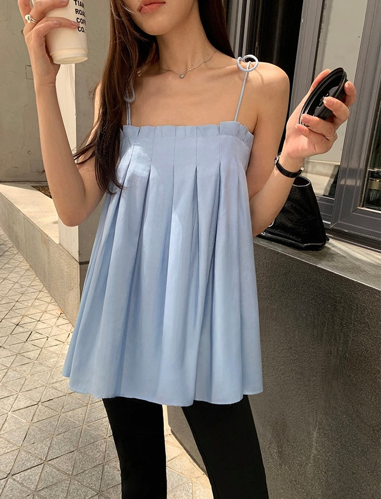Pleated Tie Long Cami Top in Blue
