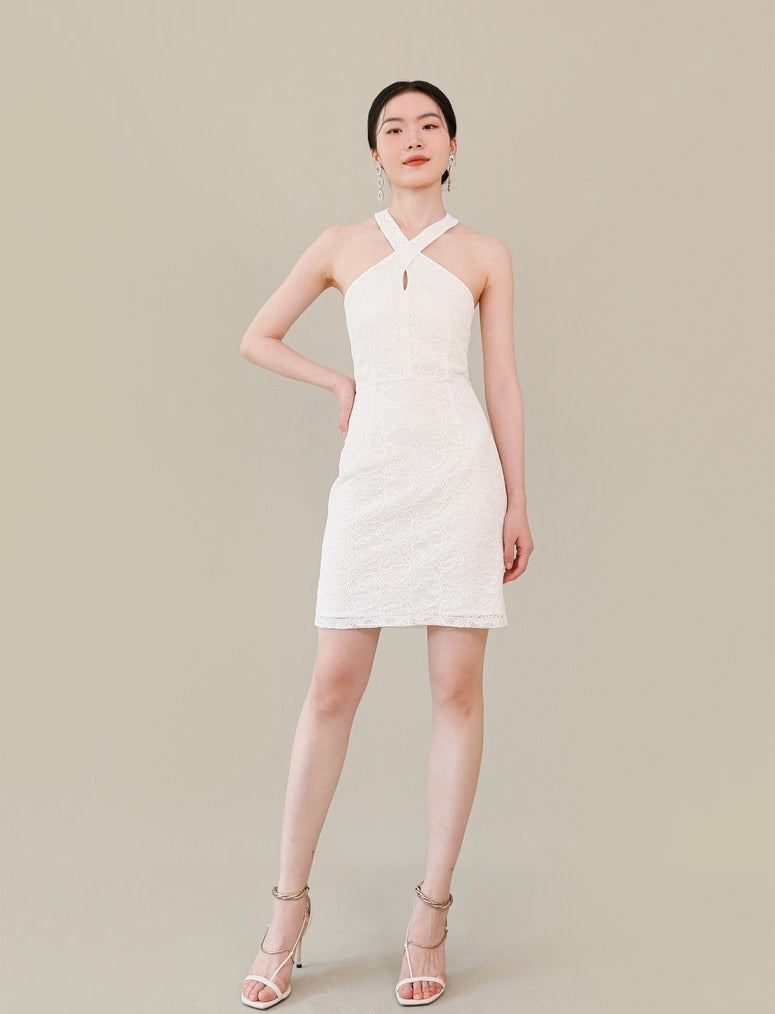 Keyhole Halter Lace Mini Dress in White