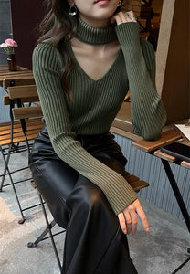 Ribbed Cutout Turtleneck Top in Green