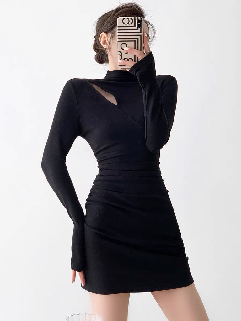 Long Sleeve Cutout Mini Bodycon Dress in Black