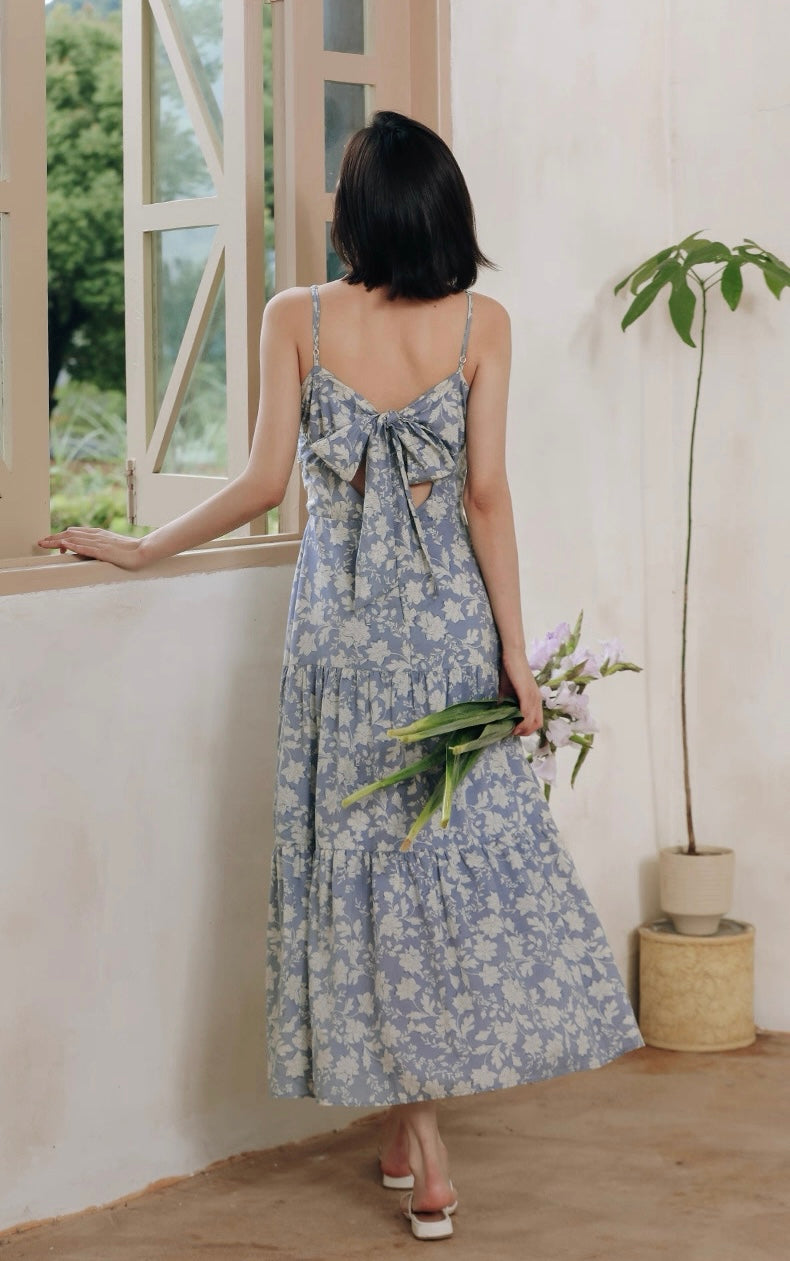Tie Back Floral Panel Maxi Dress in Blue