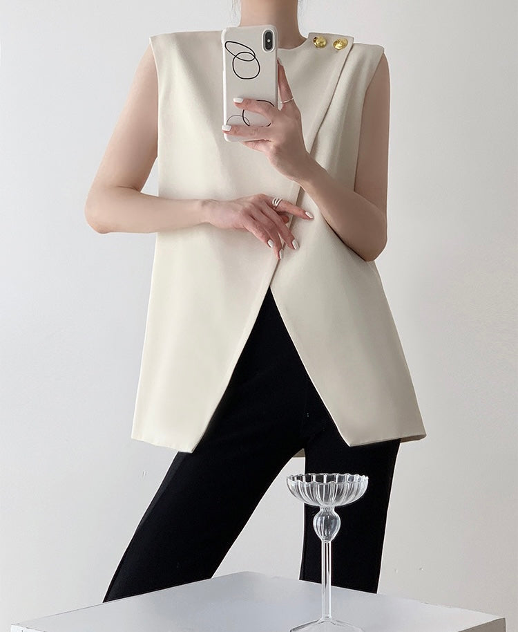 Tailored Foldover Button Long Top in Cream