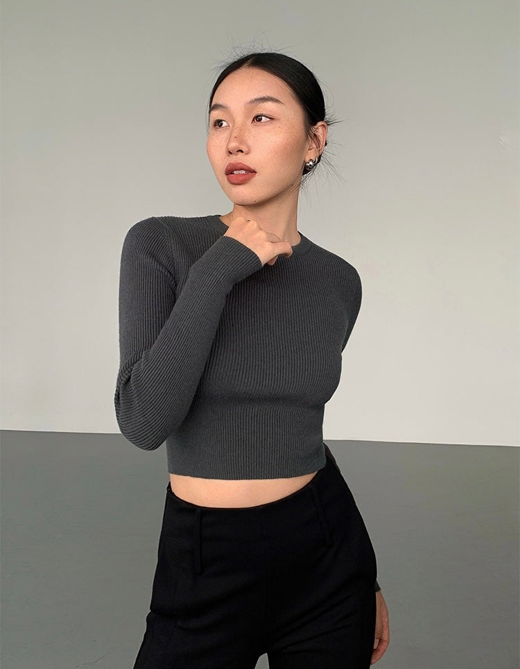 Ribbed Cropped Long Sleeve Top in Grey