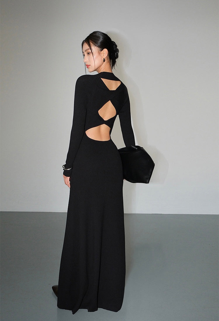 Trio Cutout Back Knitted Maxi Dress in Black