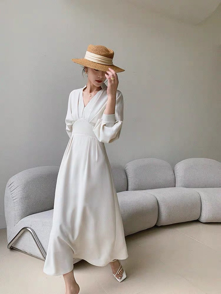 Empire Long Sleeve Midi Dress in Cream