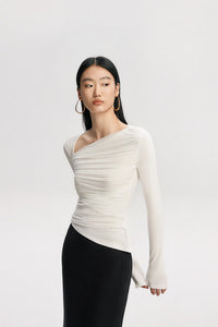 Asymmetric Neckline Tulle Shirring Top [2 Colours]