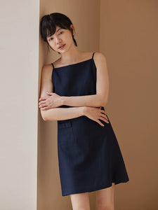 Cotton Linen Bow Pocket Shift Dress in Black