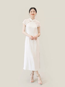 Lace Cutout Midi Cheongsam in White