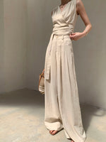 Load image into Gallery viewer, Linen Blend Tie Top + Trousers Set in Beige
