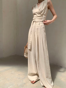 Linen Blend Tie Top + Trousers Set in Beige