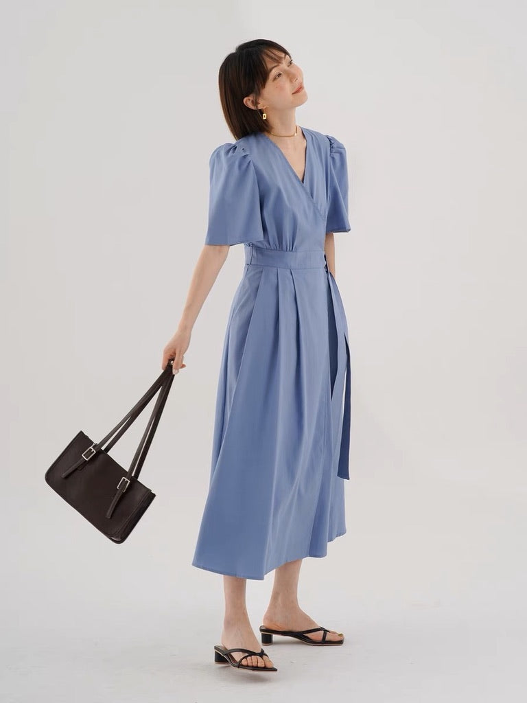 Tailored Puff Sleeve Tie Pocket Dress in Blue