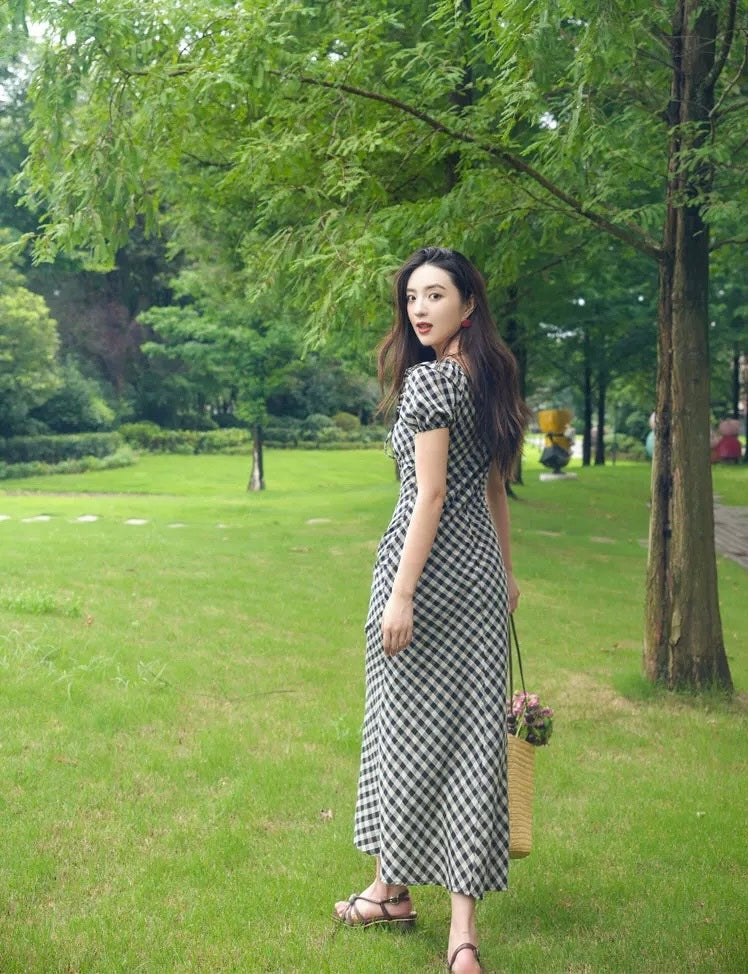 Linen Checked Blouson Dress in Black